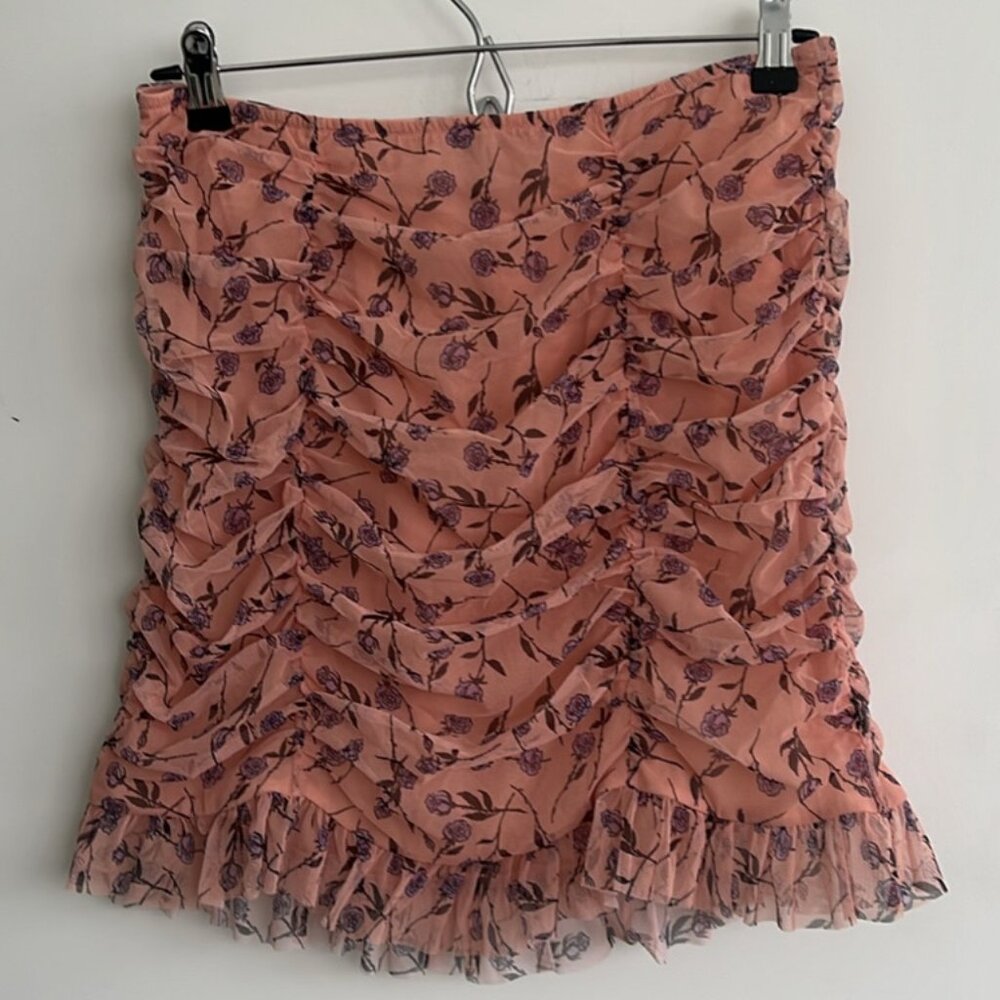 Victoria Secret Ruched Mesh Mini Skirt Peach/Roses, Size L